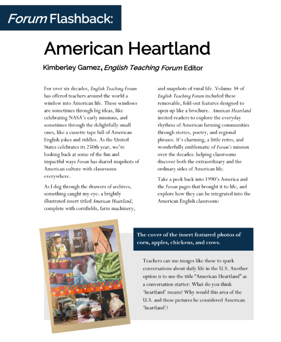 First page of “Forum Flashback: American Heartland,” showing the title, author Kimberley Gamez, opening text, and a small collage of rural American scenes.