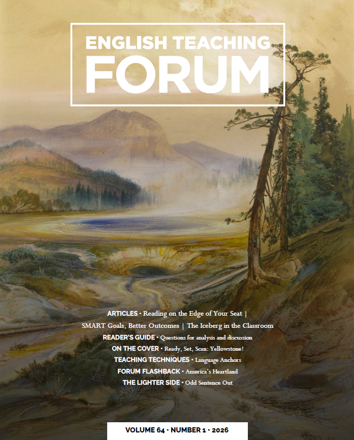 A cover titled “English Teaching Forum” appears over a landscape painting. Text on the lower half lists featured sections and “Volume 64 • Number 1 • 2026.”