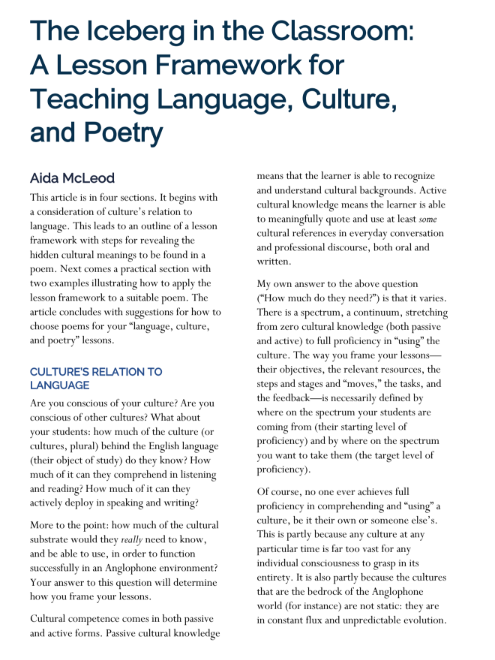 A white background with blue text showing the article title “The Iceberg in the Classroom: A Lesson Framework for Teaching Language, Culture, and Poetry.”