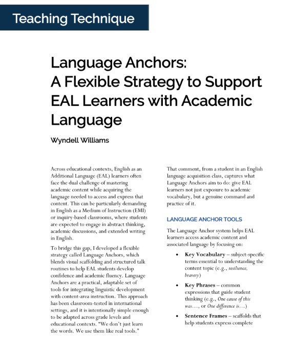 First page of the article “Language Anchors: A Flexible Strategy to Support EAL Learners with Academic Language,” showing the title, author Wyndell Williams, and opening text.