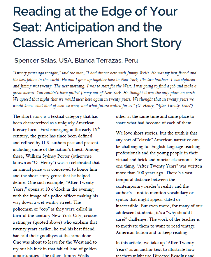First page of the article “Reading at the Edge of Your Seat: Anticipation and the Classic American Short Story,” showing the title and opening text.