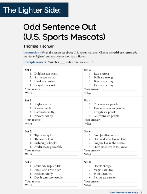 A white background with blue text reading “The Lighter Side: Odd Sentence Out (U.S. Sports Mascots).” A table and word puzzle appear below the title.