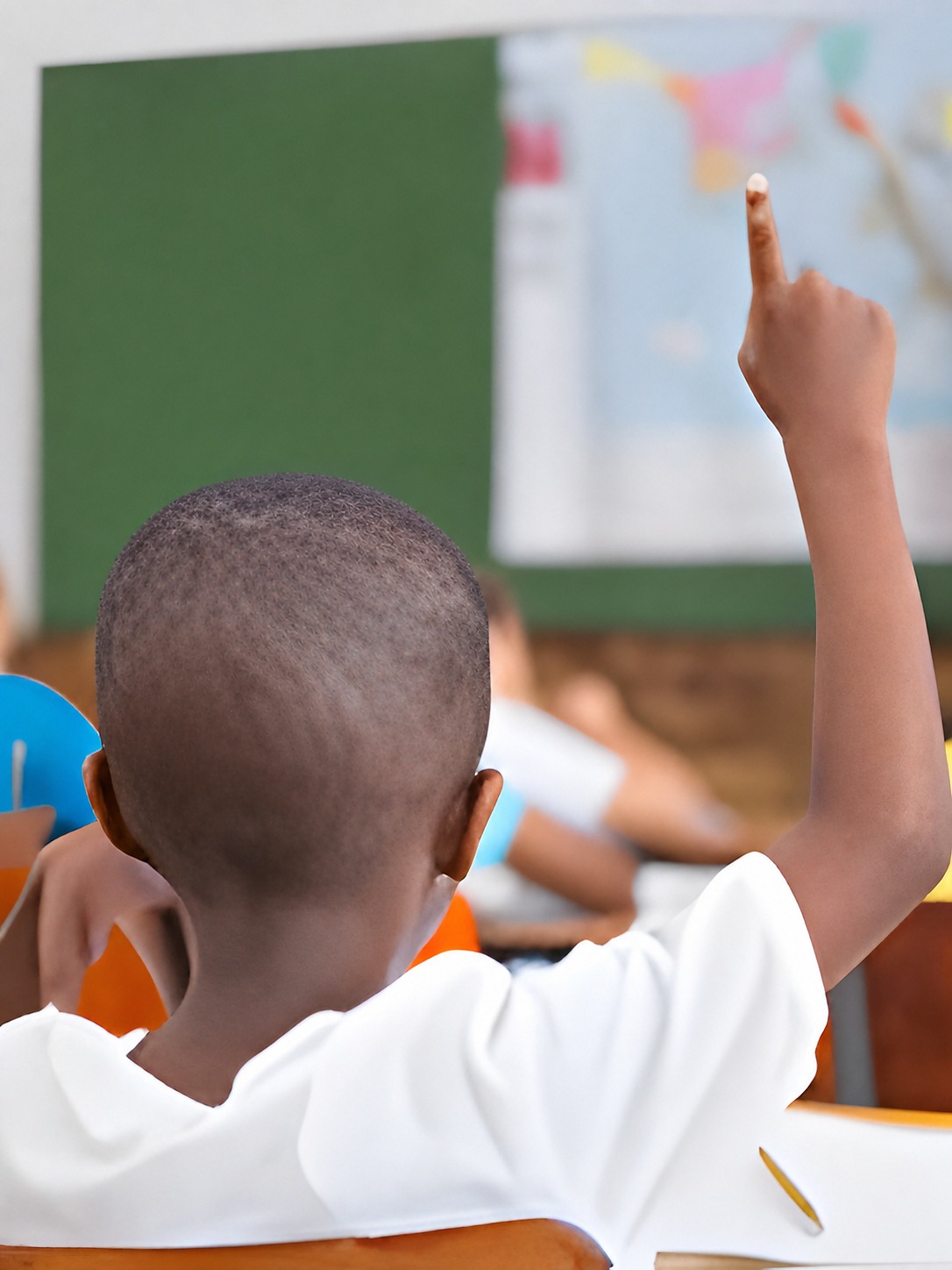 A student raises his hand in a classroom.