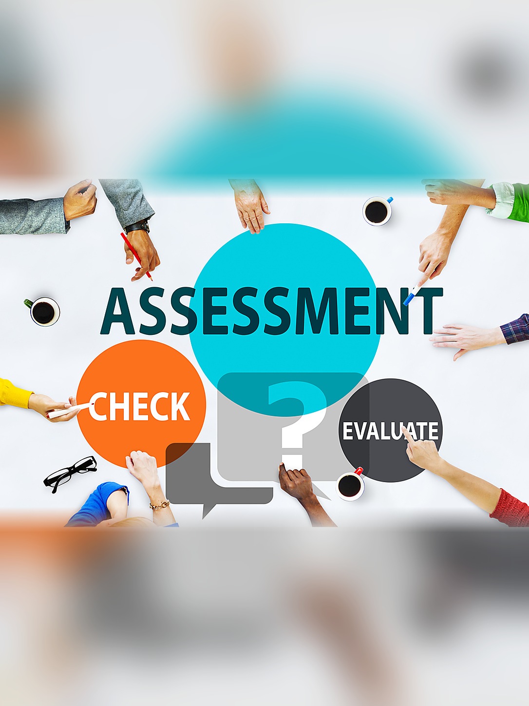 An assessment graphic includes the words “Check” and “Evaluate” among question and speech symbols.