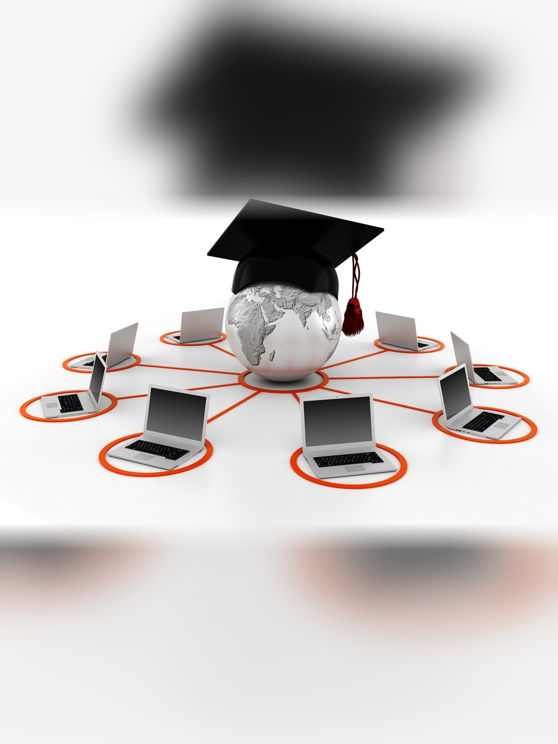 A globe wearing a graduation cap connects to a circle of laptop computers.