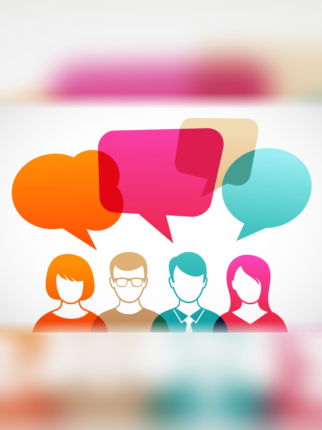 Colorful speech bubbles appear above four illustrated people.