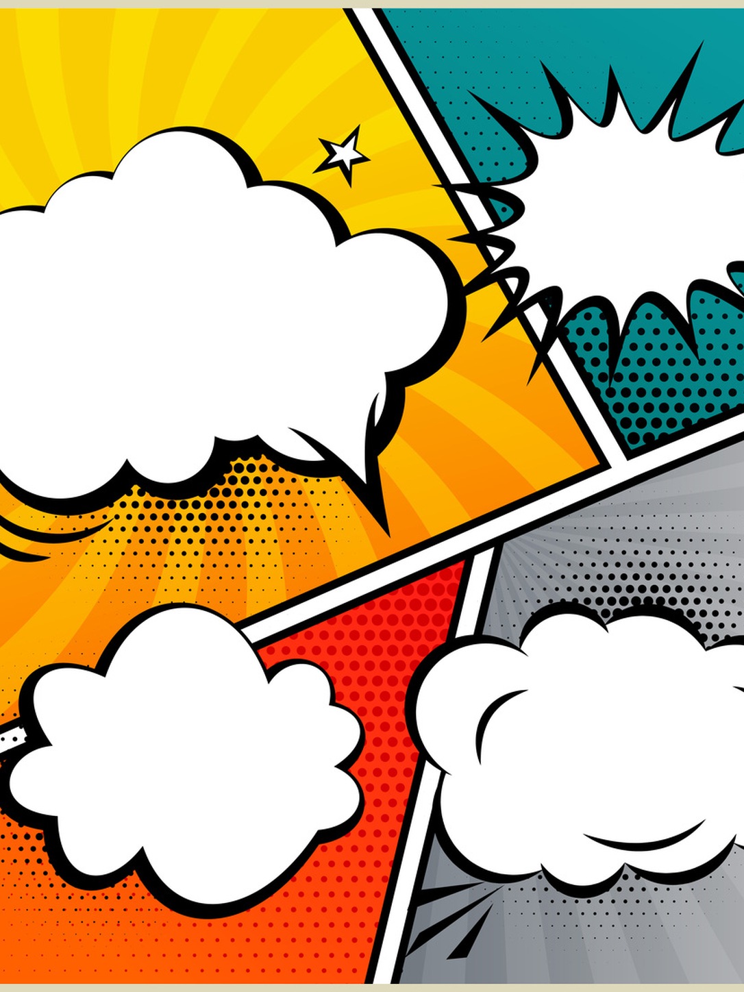 Colorful comic-book panels contain empty speech bubbles.