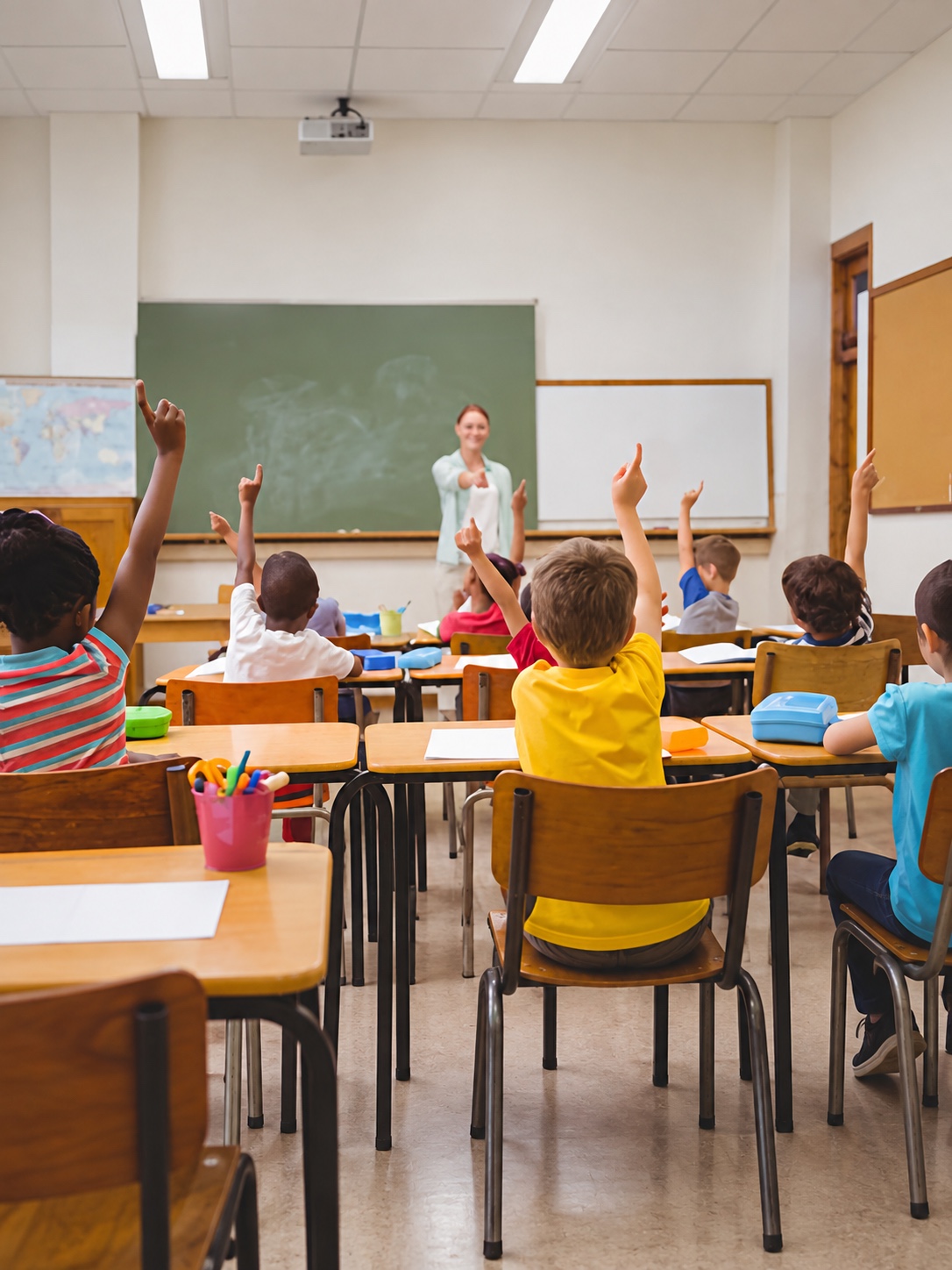A teacher calls on students raising their hands in class.