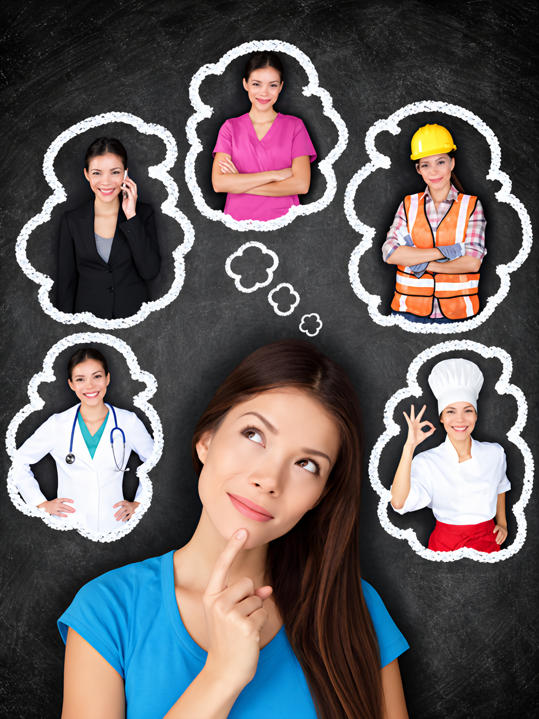 Woman considering career options, shown in chalk thought bubbles as a business professional, medical worker, construction worker, and chef.