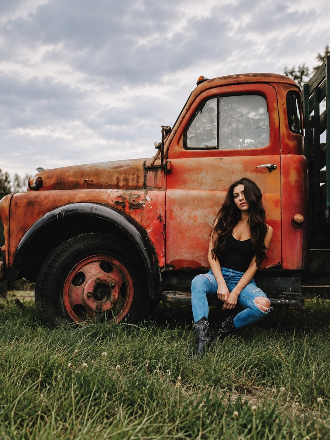 Jessica Lynn sits in front of a vintage red truck.
