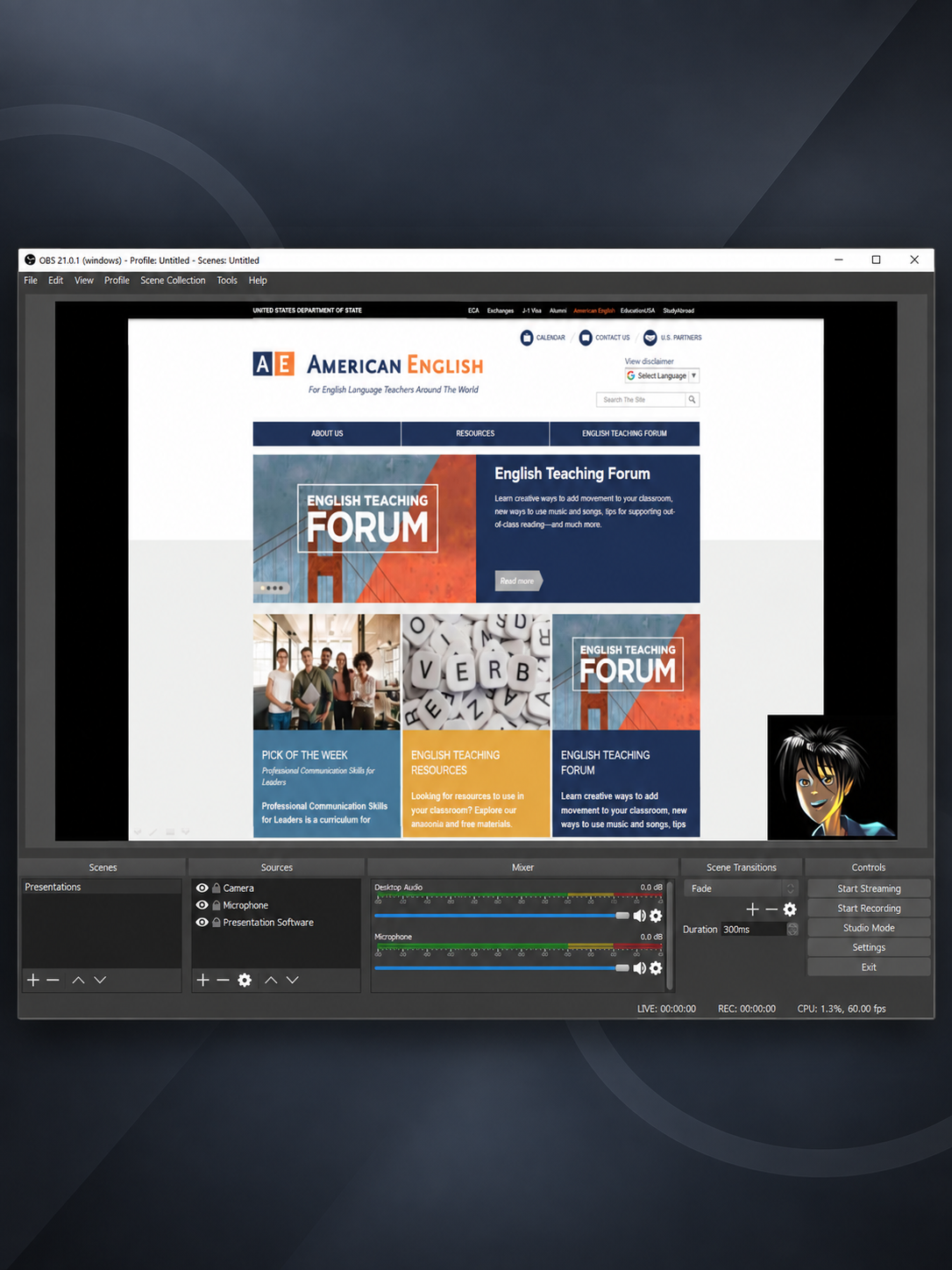OBS Studio displays an American English webpage in the preview window, with scenes, audio controls, and recording tools below.