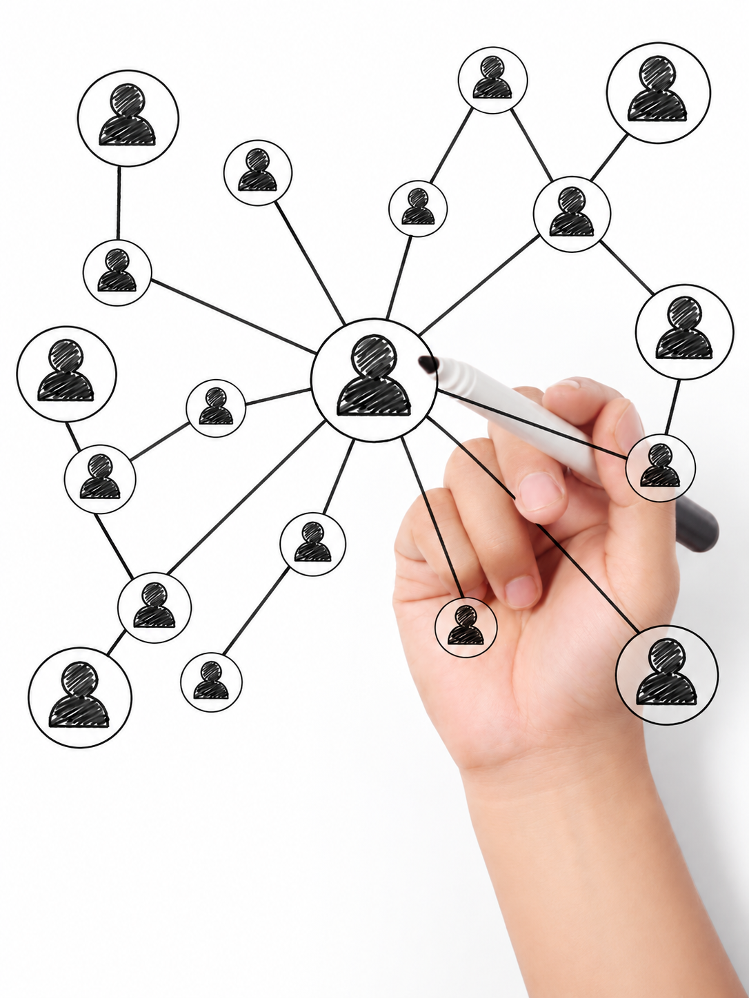 A hand draws lines connecting illustrated people in a personal learning network.