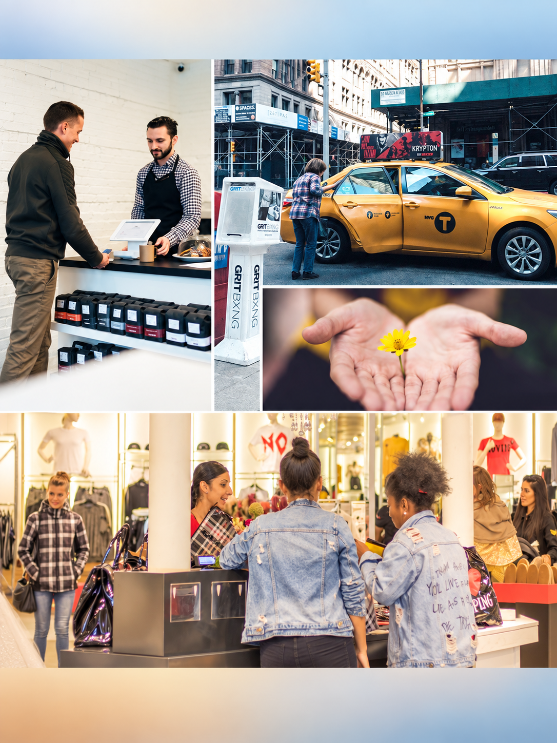 A collage shows communication in a shop, beside a taxi, with a flower, and at a clothing counter.