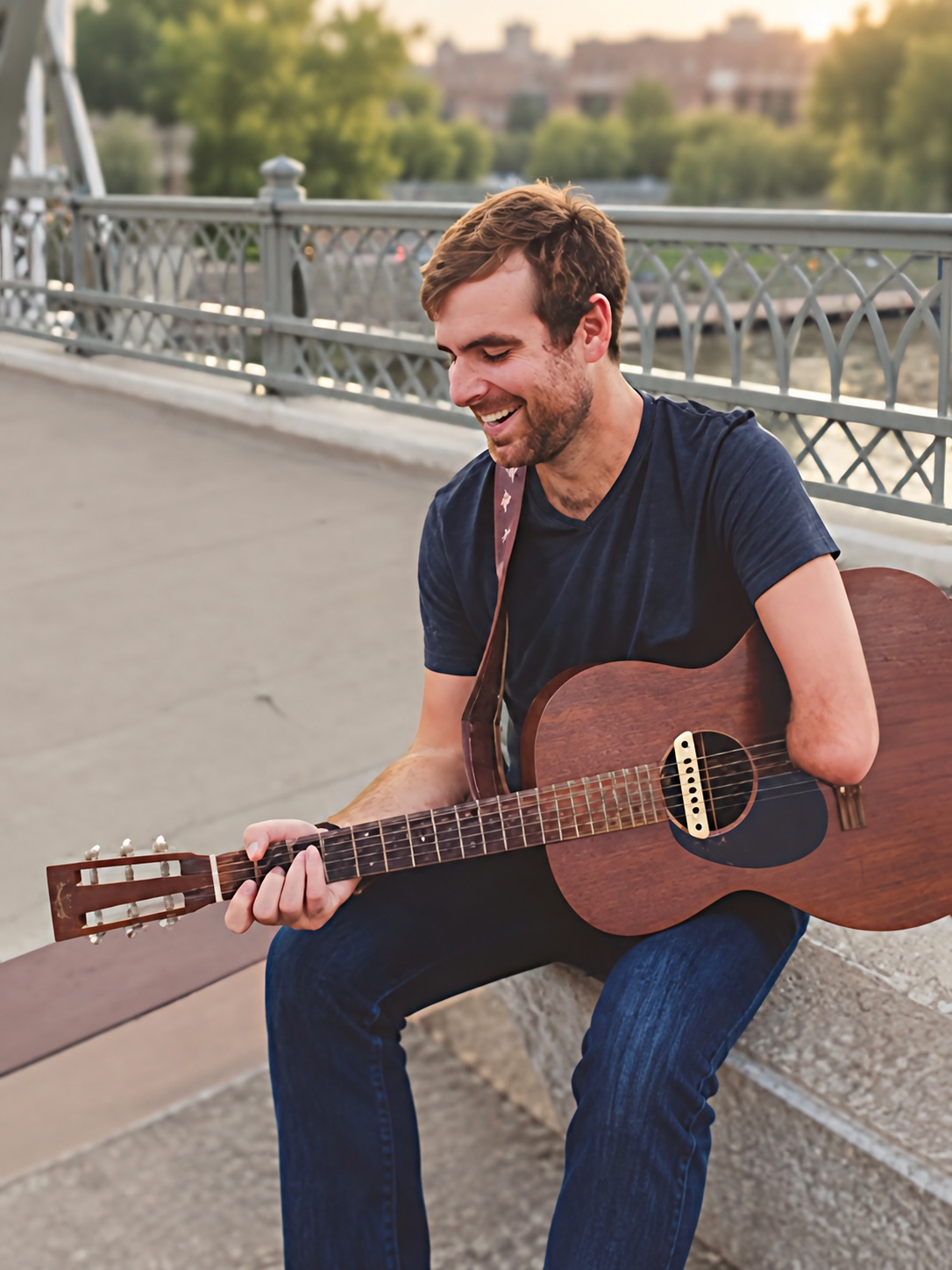 Tony Memmel smiles while playing an acoustic guitar on a bridge.