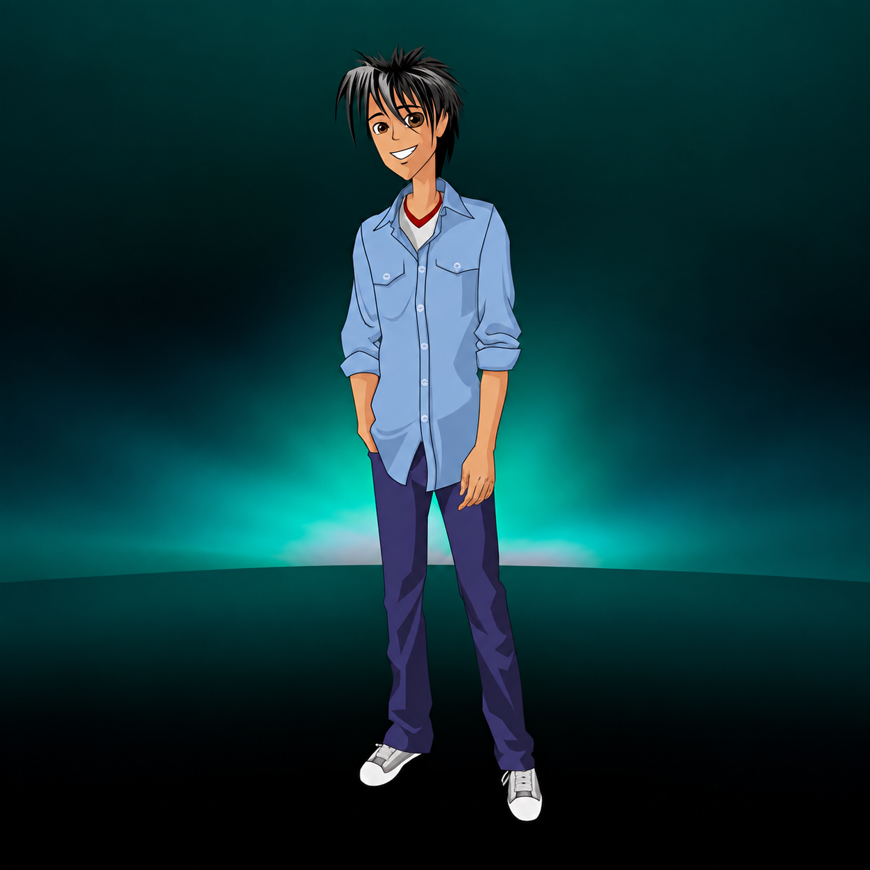 Trace, the time-traveling student from Trace Effects, stands against a teal background.