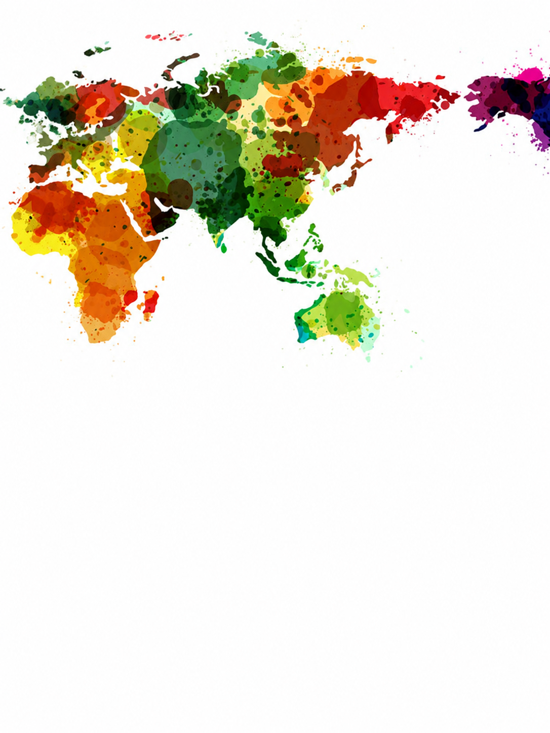 A colorful world map made from vibrant paint splashes.