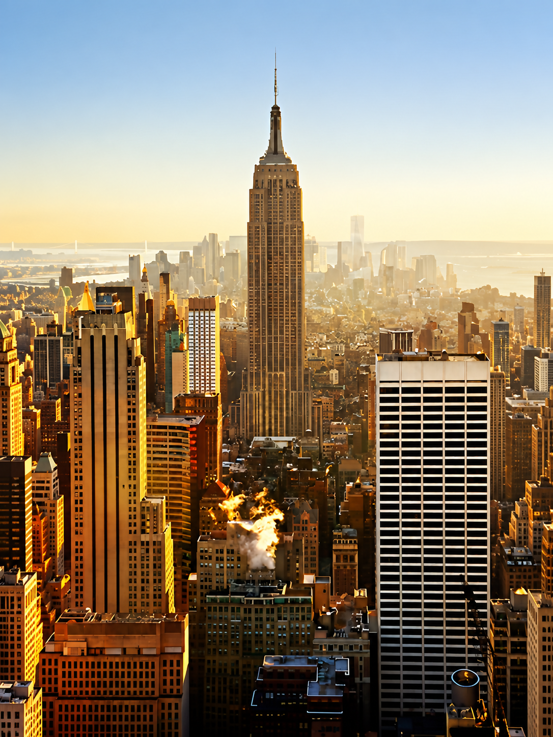 The Empire State Building rises above the New York City skyline at golden hour.