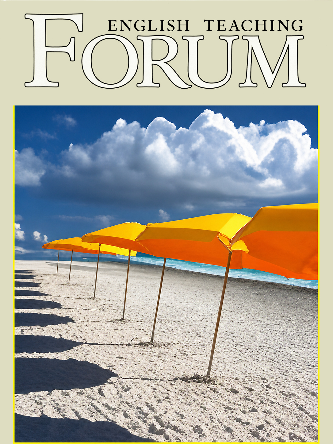 Cover of English Teaching Forum 2008, Volume 46, Number 3 featuring a beach with yellow beach umbrellas