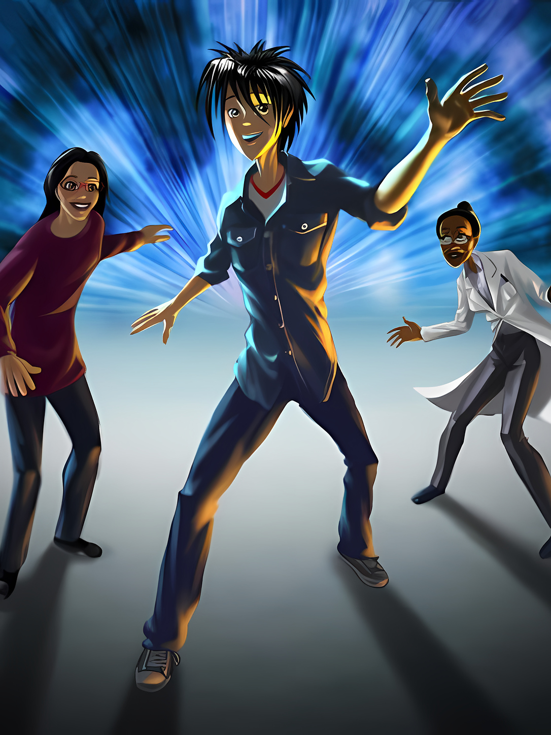 Trace stands between two characters in a blue, futuristic scene from Trace Effects.