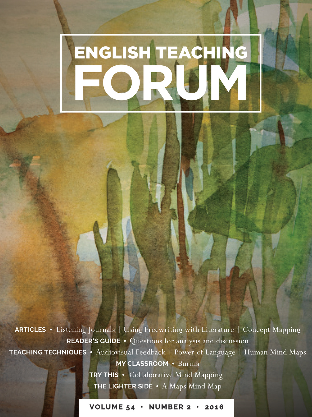 Cover of English Teaching Forum 2016, Volume 54, Number 2 with title and abstract watercolor design of cattails
