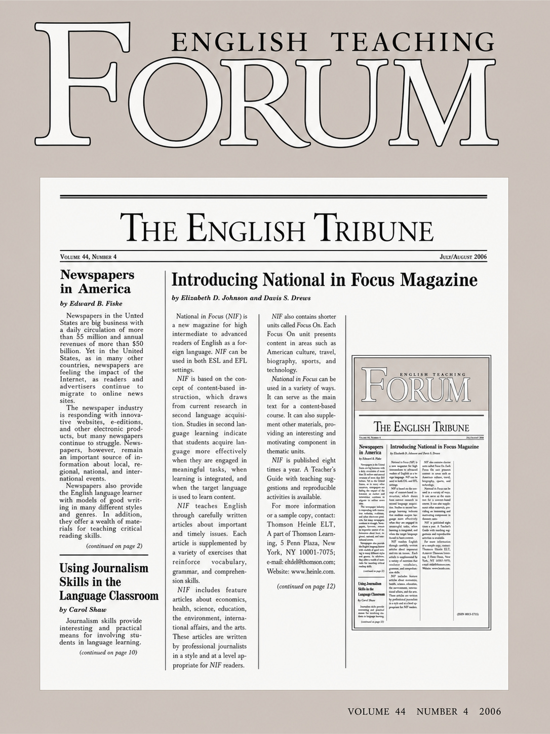 Cover of English Teaching Forum 2006, Volume 44, Number 4 showing a newspaper