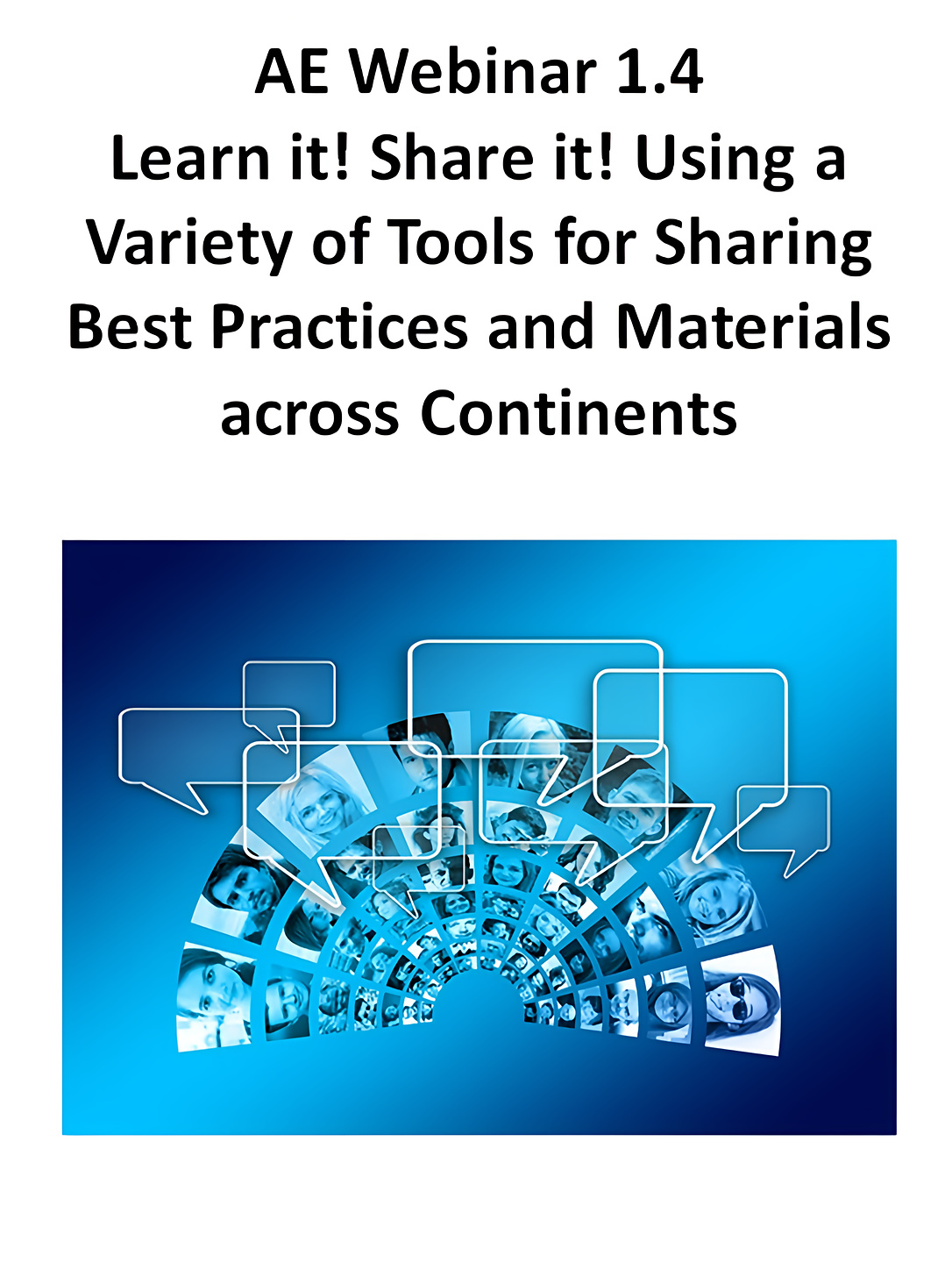 Webinar cover with the title “Learn It! Share It!” above a blue network of faces and speech bubbles.