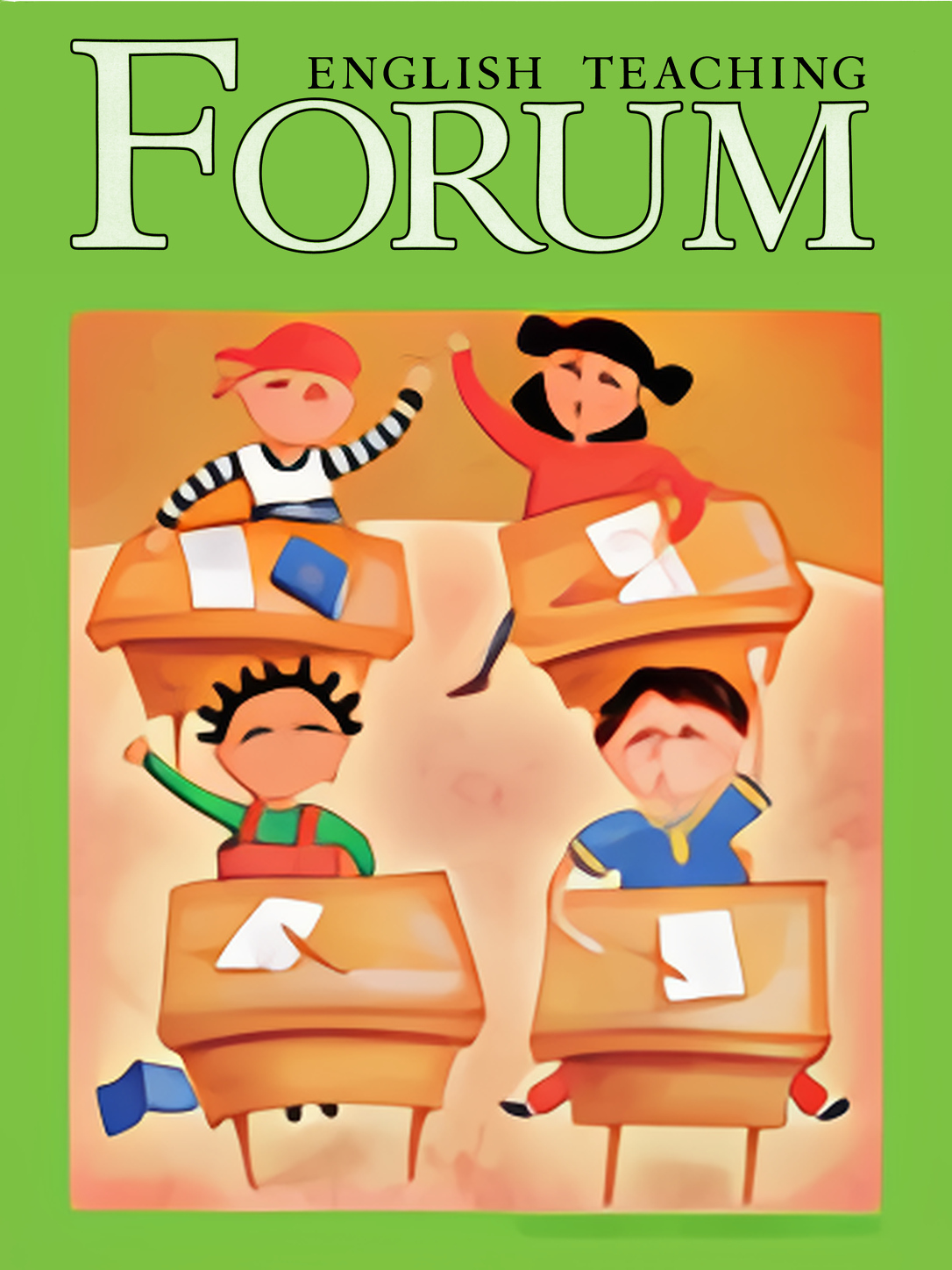 Cover of English Teaching Forum 2007, Volume 45, Number 2 showing a drawing of 4 students at their desks in a classroom