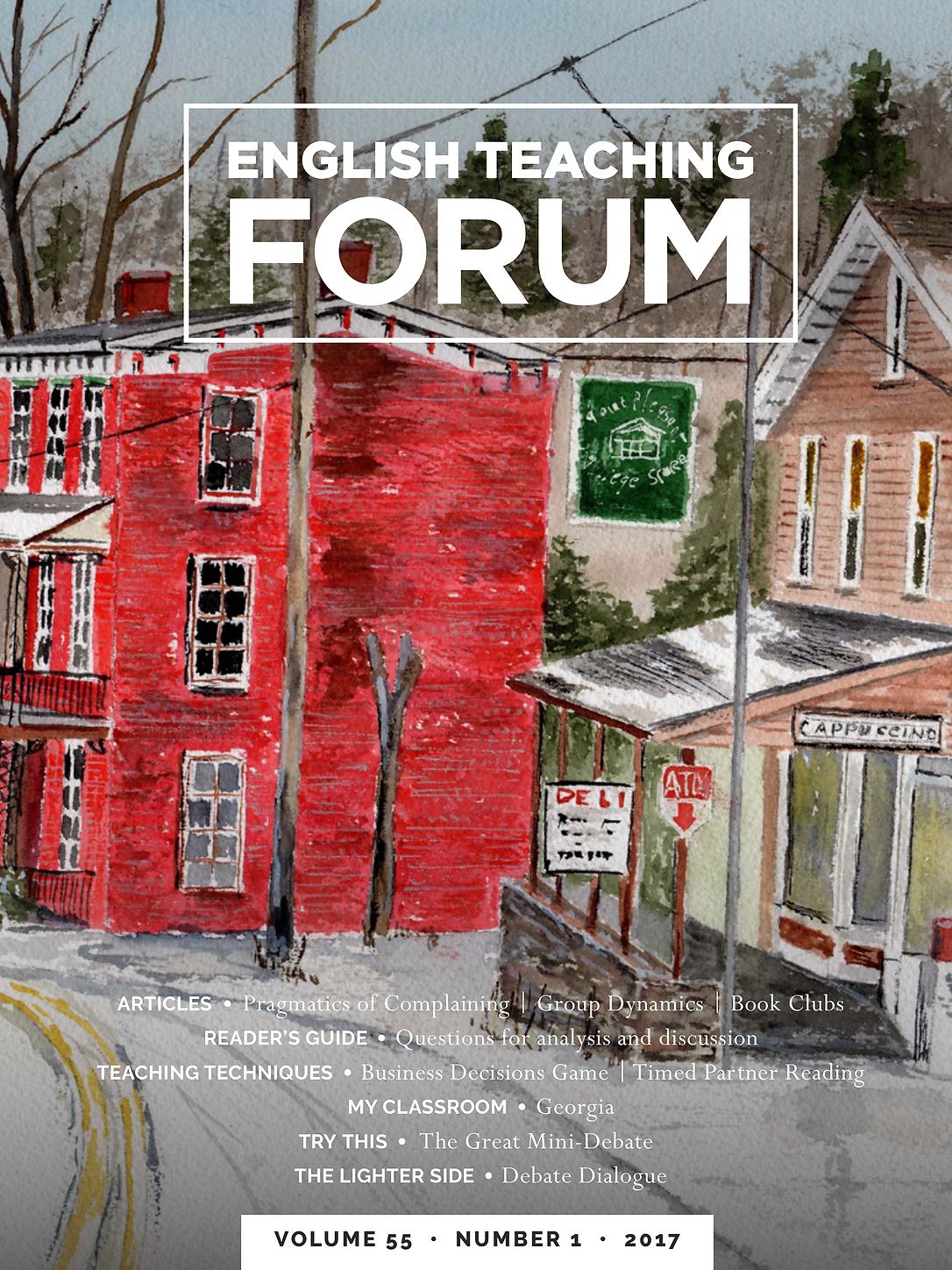 Cover of English Teaching Forum 2017, Volume 55, Number 1 with a painting of small town USA