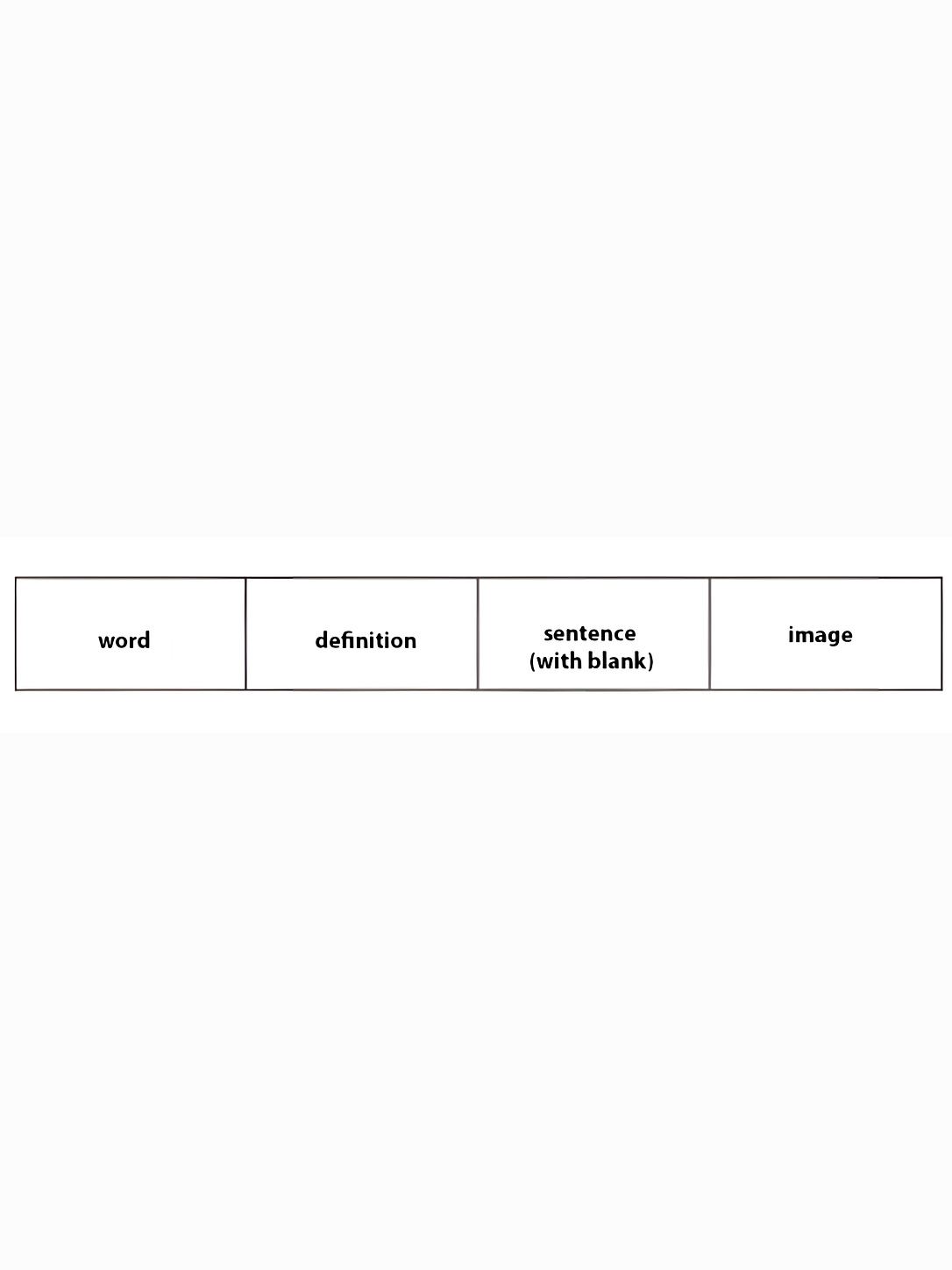 A four-column organizer prompts a word, definition, sentence, and image.