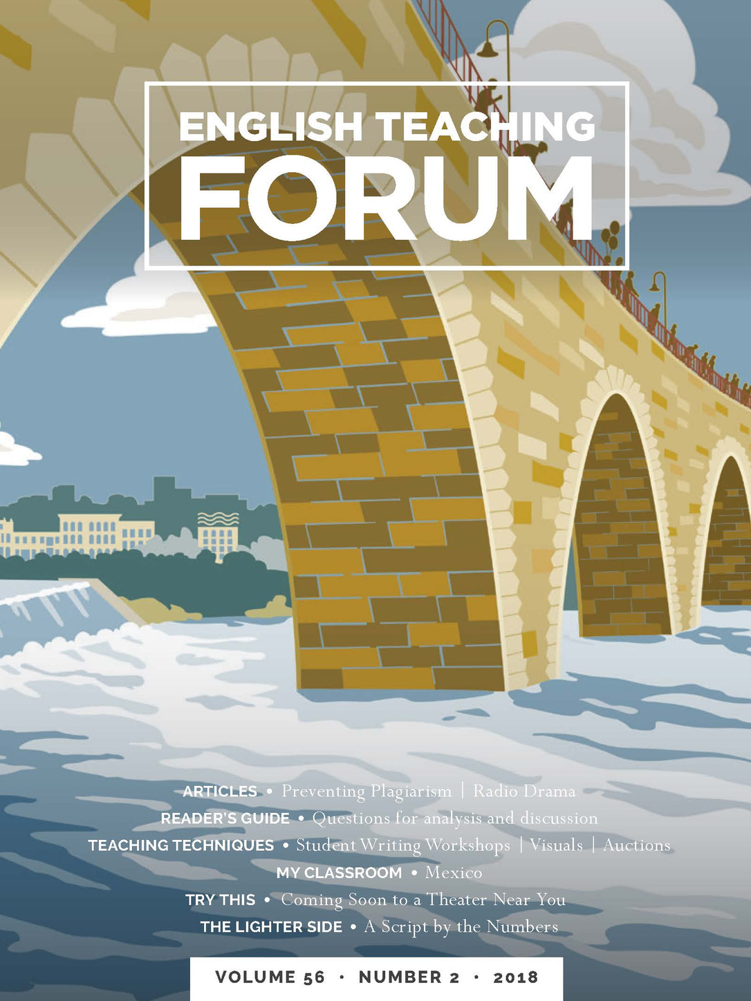 Cover of English Teaching Forum 2018, Volume 56, Number 2 showing a bridge over water