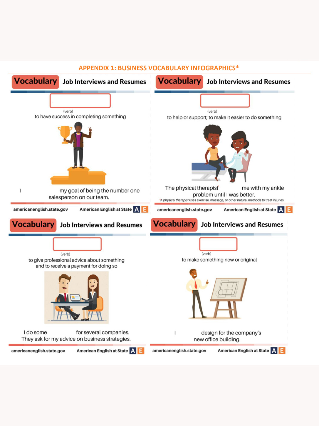 An illustrated vocabulary guide shows job interview and résumé terms.